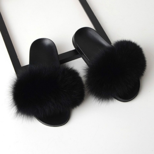 Fox Fur Slippers Flip-Flops Antislip Flat Fur Shoes Sandalen voor Dames, Schoenmaat: 38-39 (24cm) (Zwart)