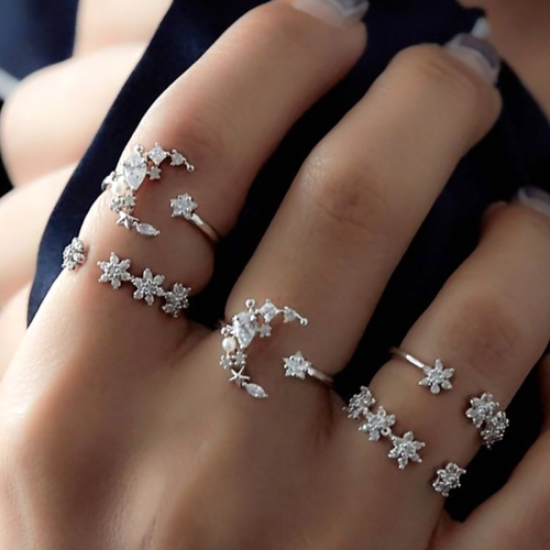 5 ชิ้น / เซ็ต Vintage Women Star Moon Adjustable Ring Set