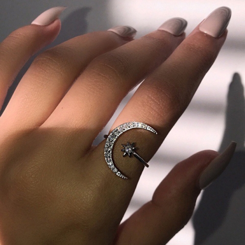 แหวนดาวดวงจันทร์หญิงแหวนคริสตัลเงิน 925 ประดับเครื่องประดับ (สีเงิน)