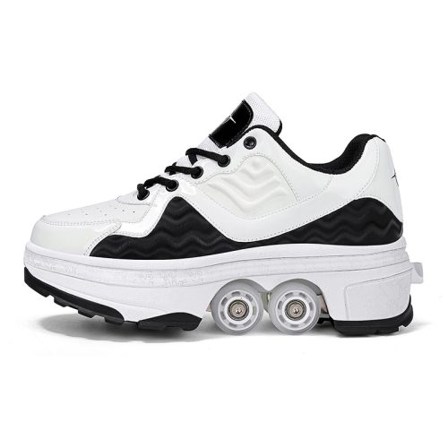 DF08 Chaussures de marche à double usage Patins à roulettes à frein  rétractable à quatre roues, Taille: 36 (Blanc Noir)