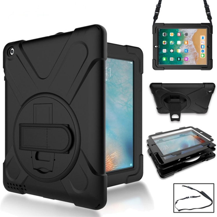 

360 Degree Rotation Silicone Protective Cover with Holder and Hand Strap and Long Strap for iPad 5 / iPad Air(Black)