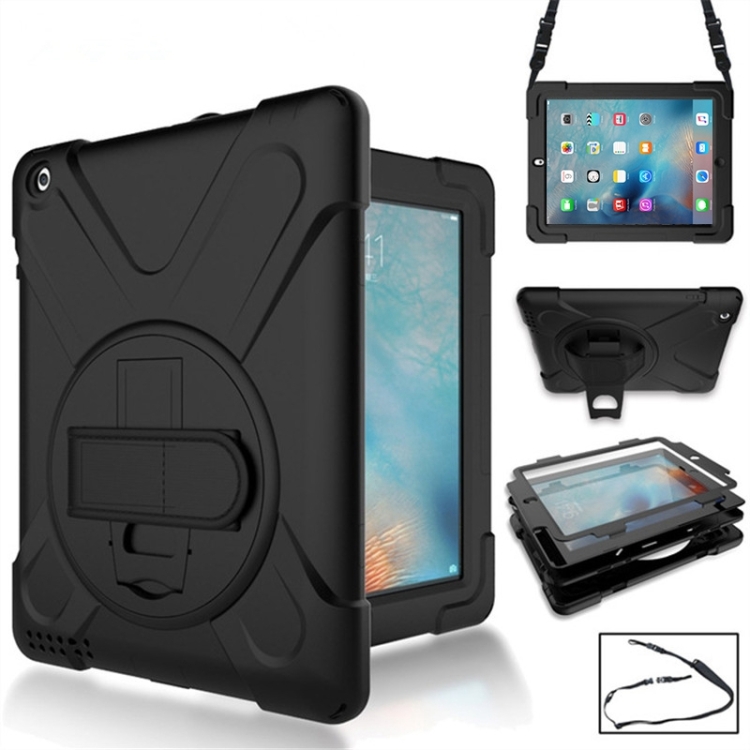 

360 Degree Rotation Silicone Protective Cover with Holder and Hand Strap and Long Strap for iPad 2 / 3 / 4(Black)