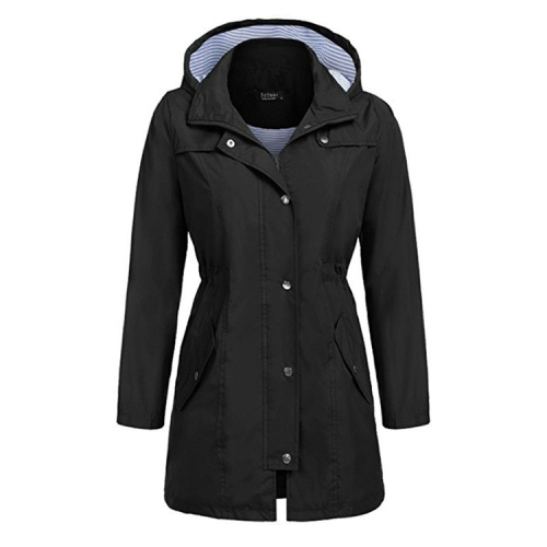 Casual dames waterdichte taille lange jas met capuchon, maat: XL (zwart)