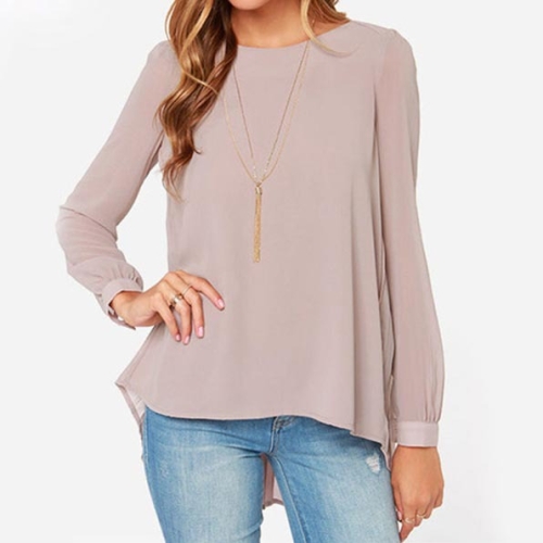 

Women Chiffon Shirt Round Neck Long-Sleeved Slim Shirt, Size: M(Khaki)