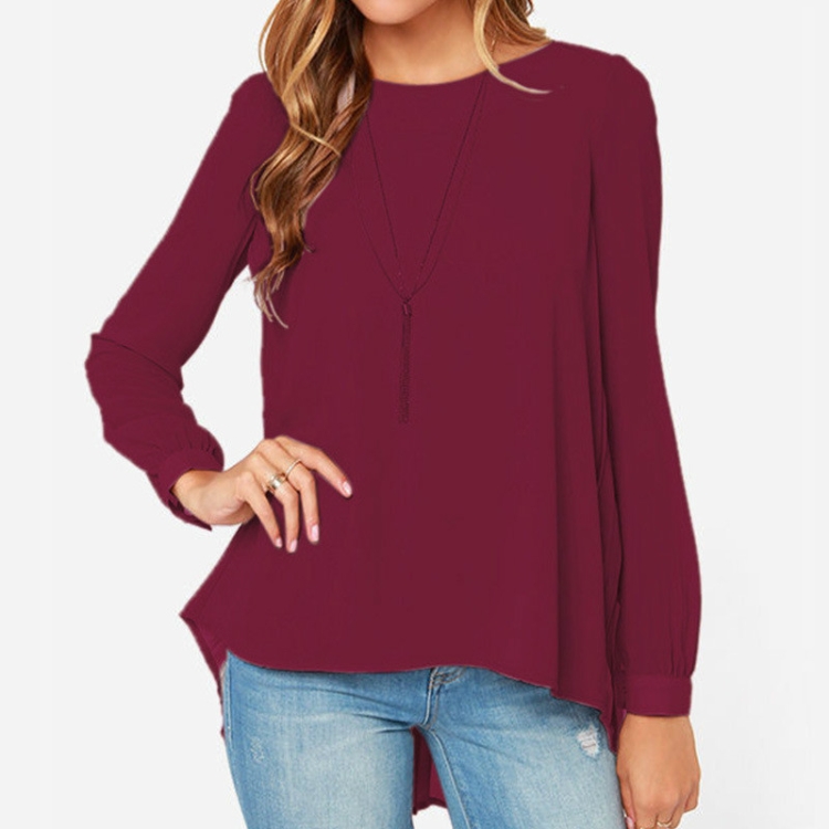 

Women Chiffon Shirt Round Neck Long-Sleeved Slim Shirt, Size: XL(Wine Red)