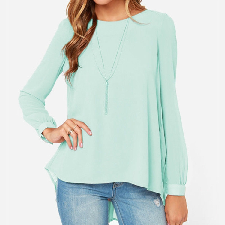 

Women Chiffon Shirt Round Neck Long-Sleeved Slim Shirt, Size: XL(Light Green)