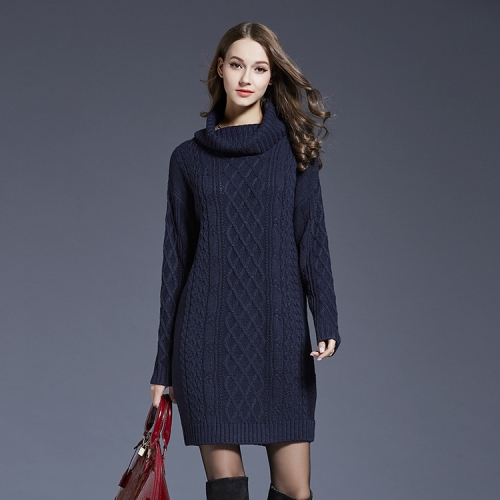 

Autumn And Winter Knitwear Dresses Long Turtleneck Sweater For Women, Size: M(Navy Blue)