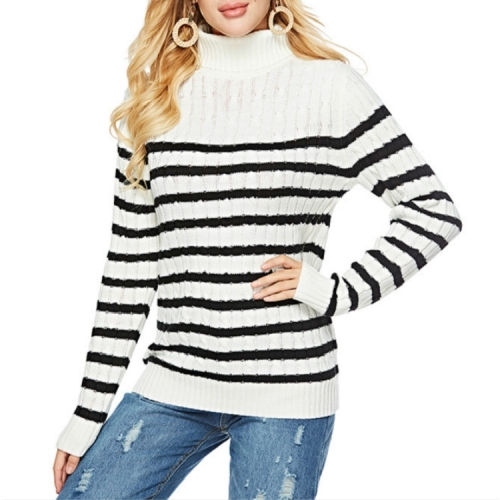 Women Turtleneck Sweater Knit Bottoming Shirt Slim Sweater, Size: S(White Black Stripes)