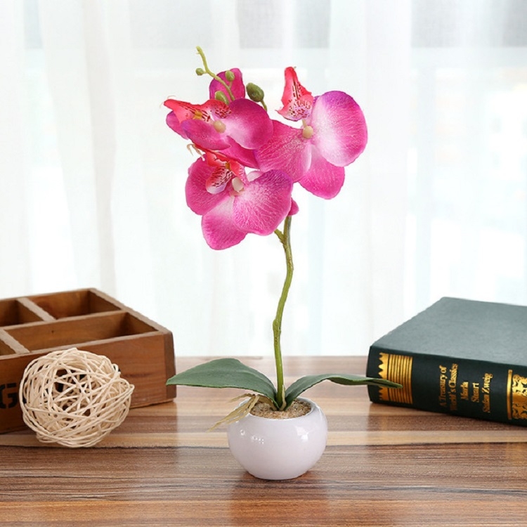 Decorative Landscaping Round Pot Three Flowers Phalaenopsis Bonsai  Simulation Potted Plants(Rose Red)