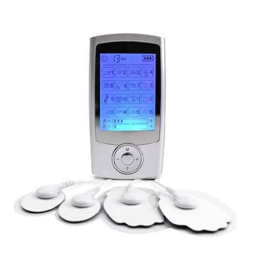 Máquina para alívio da dor do estimulador muscular com massageador de pulso eletrônico digital de 16 modos (prata)