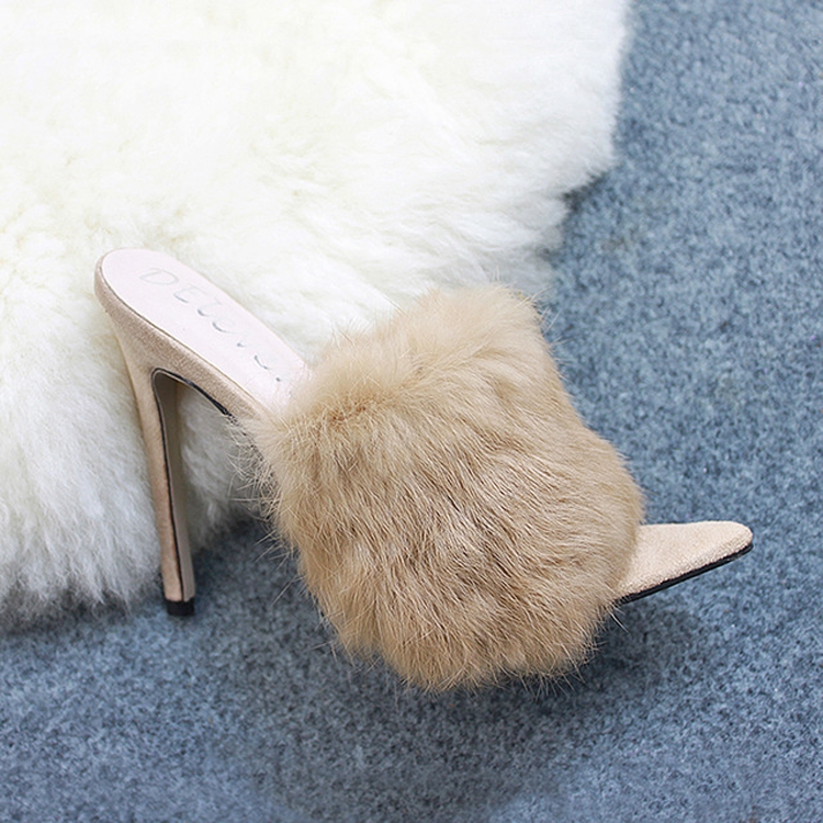 SUNSKY - Rabbit Fur High Heel Sandals 