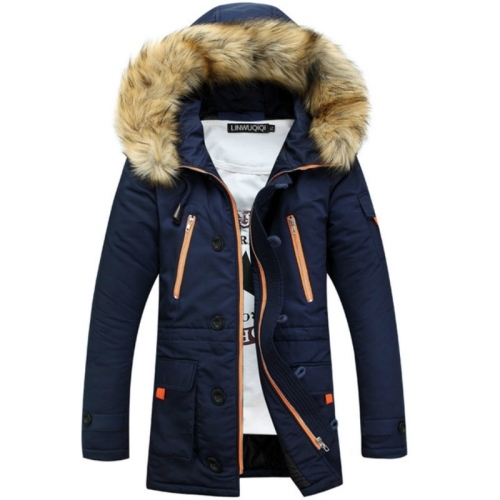 Long Section Cotton Suit Men Plus Velvet Thick Warm Jacket Large Fur Collar Coat Lovers Jacket, Size:XXXL(Navy)