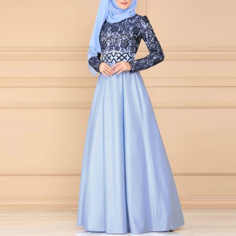 

Lace Stitching Retro Large Swing Dress Ethnic Style Long-Sleeved Slim Dress, Size:M(Sky Blue)