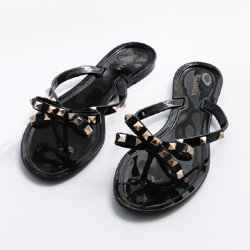 Women Flip-flops Rhinestones Bow Slip-on Flat Sandals, Size:39(Black)