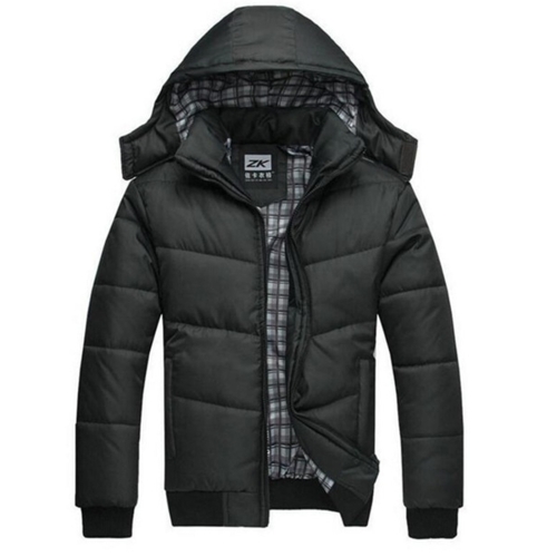 男冬季夹克休闲修身棉配连帽风雪大衣，尺寸:XL（黑色）