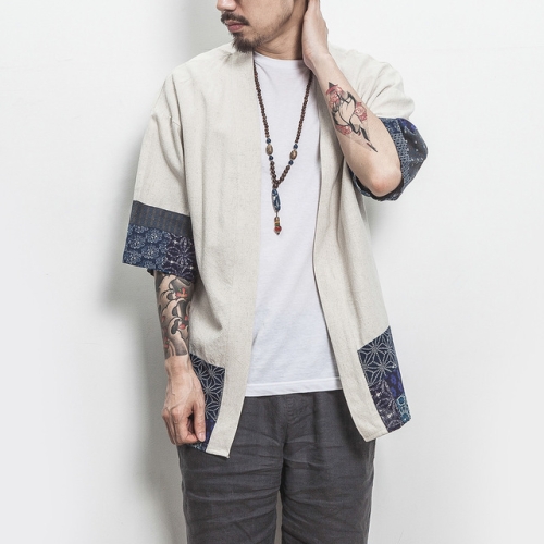 SS - CN Retro Hanfu Seven-Quarter Sleeve Cotton Linen Solid Stitching Youth Men Cardigan Coat, Size:XL(White)