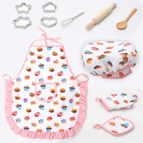 11PCS Pretend Play Kitchen Toys Cooking Costume Apron Cookie Cutters Oven Mitt Chef Hat Cake Baking Kit for Kids Red Dot 
