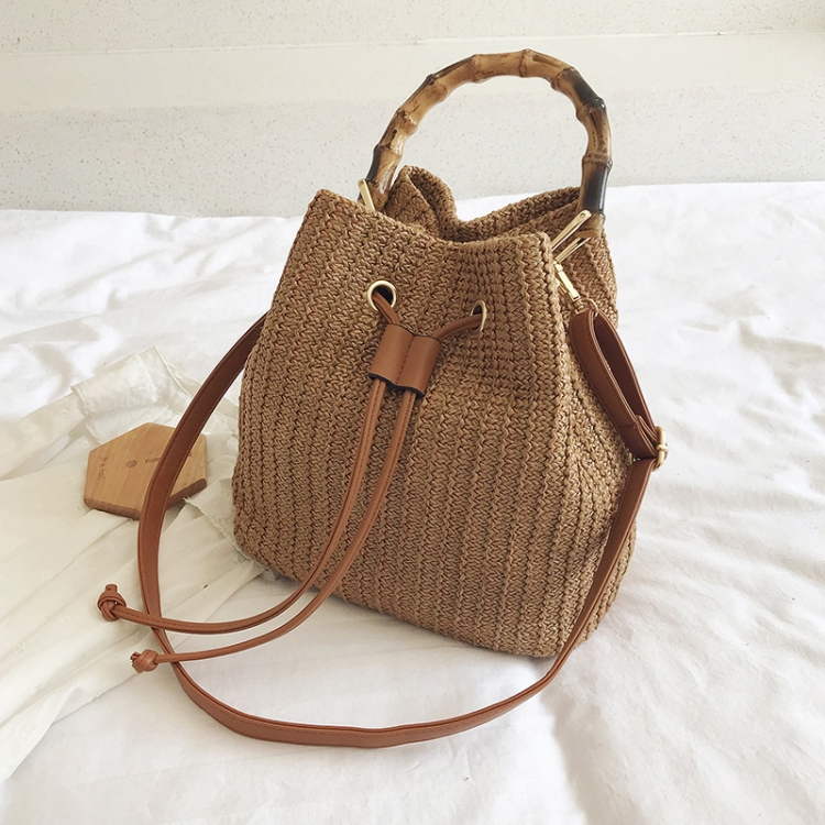 

88991 Straw Handbag Shoulder Messenger Bag Bamboo Bucket Bag(Brown)