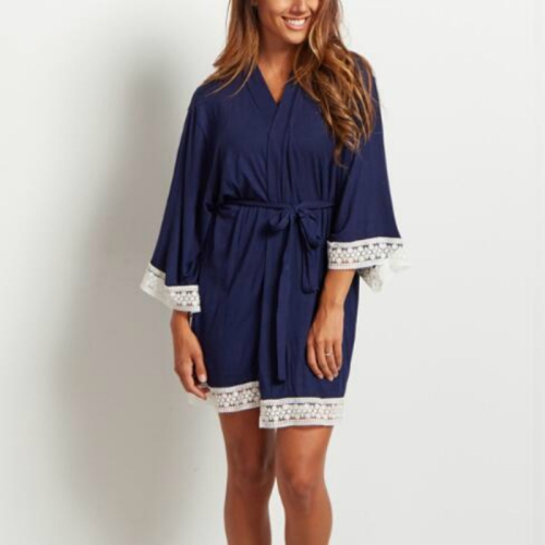 Solid Color Maternity Dress Lace Stitching Three-point Sleeves with Cardigan Breastfeeding Robes Pajamas, Size:S(Navy Blue)