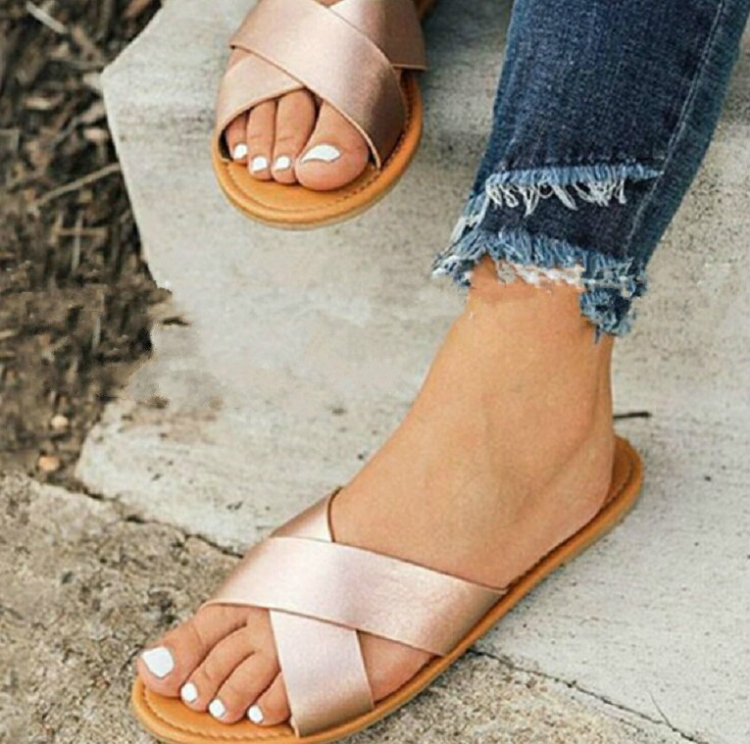 Women Casual Summer Flat Cross Belt Slip On Beach Roman Slippers,  Size:38(Rose Gold)