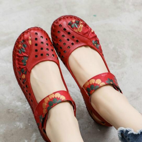 Flower Round Toe Soft Bottom Vintage Leather Flat Shoes, Szie:41(Red  Sandals)