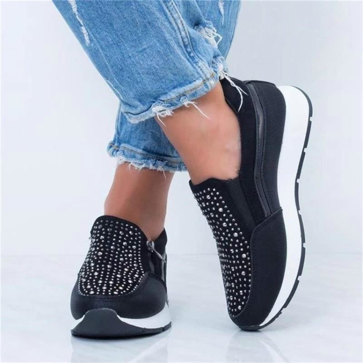 Strass dikke onderkant rits verhoogde dames casual schoenen, maat: 43  (zwart)