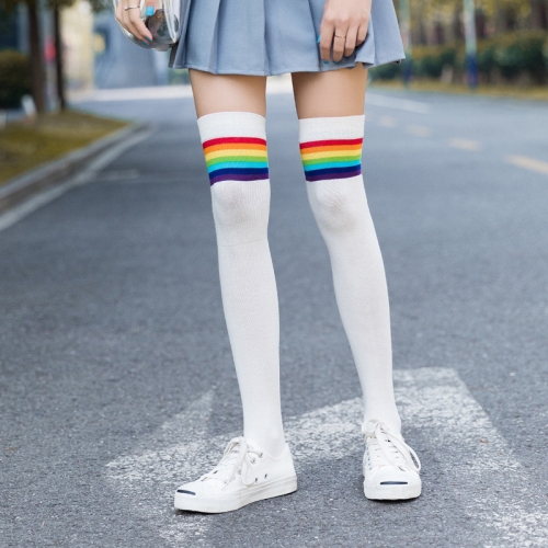 High Elasticity Girl Cotton Knee High Socks Uniform Rainbow Ellipse Waves Pattern Women Tube Socks 