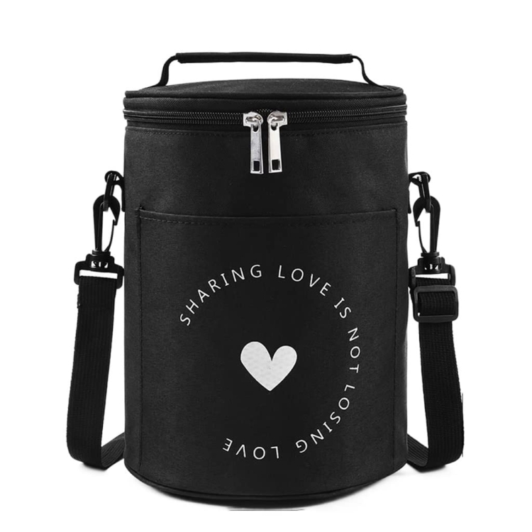 

Round Lunch Bag Insulated Lunch Box Foldable & Portable Lunch Tote L(Black)