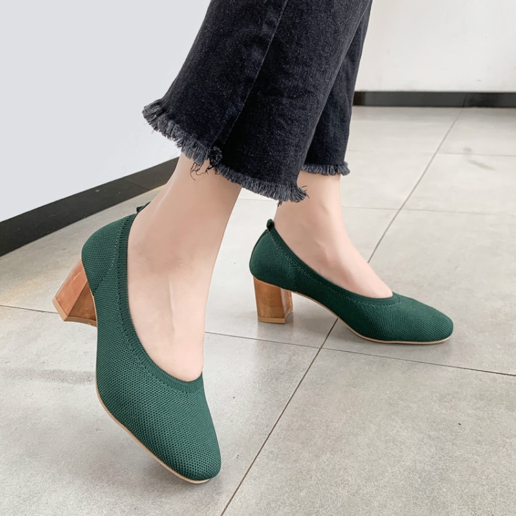 Bombas de punto elásticas transpirables Tacones altos cuadrados dorados  Mujeres Slip On Punta cuadrada Boca en
