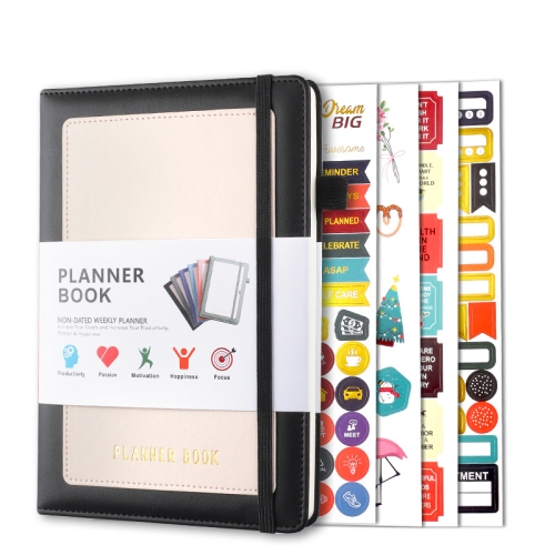 

YMX-018 A5 Weekly Plan Monthly Plan Book Self-Regulation Strap Notebook With Stickers(Black)