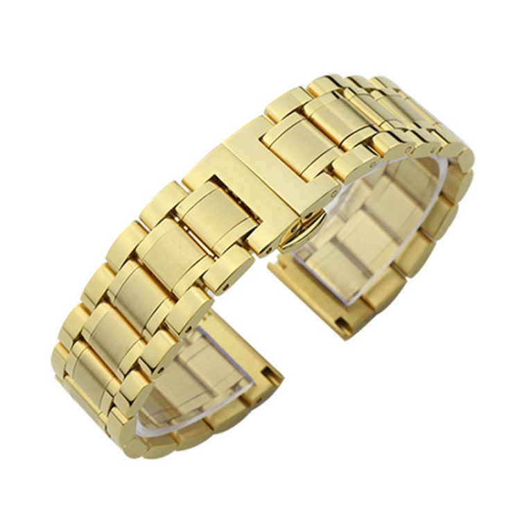 

20mm Steel Bracelet Butterfly Buckle Five Beads Unisex Stainless Steel Solid Watch Strap, Color:Gold