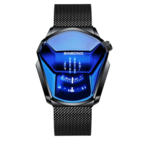 

BINBOND Locomotive Concept Watch Men Live Black Technology Watch(Black Net Belt-Black Steel-Blue Face)