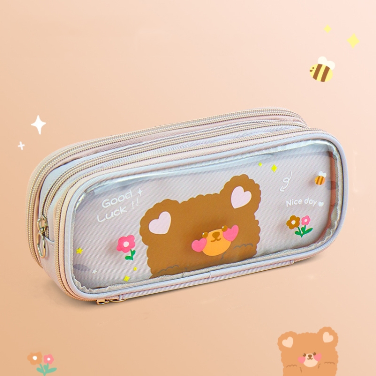 

Transparent 3 Layer Pencil Bag Cute Cartoon Stationery Box,Color: Purple Gray Bear