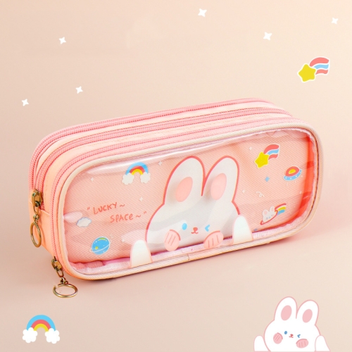 

Transparent 3 Layer Pencil Bag Cute Cartoon Stationery Box,Color: Pink Rabbit