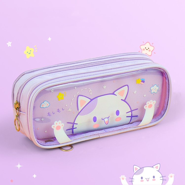 

Transparent 3 Layer Pencil Bag Cute Cartoon Stationery Box,Color: Purple Cat