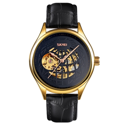 

SKMEI 9209 Men Business Automatic Mechanical Watch Round Hollow Dial Leather Watchband Watch(Gold Black)