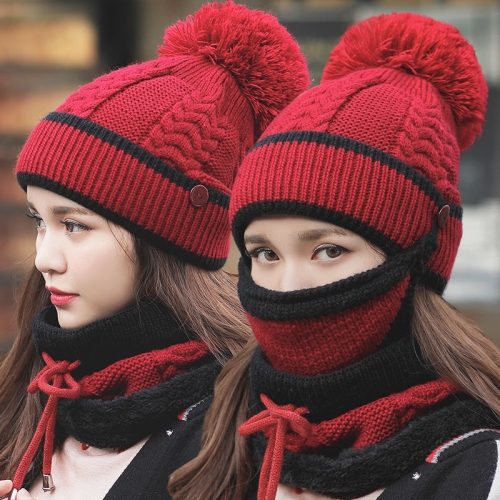 3 In 1 Female Winter Two-color Warm Woolen Cap Mask and Scarf, Size:Free Size(Wine Red)