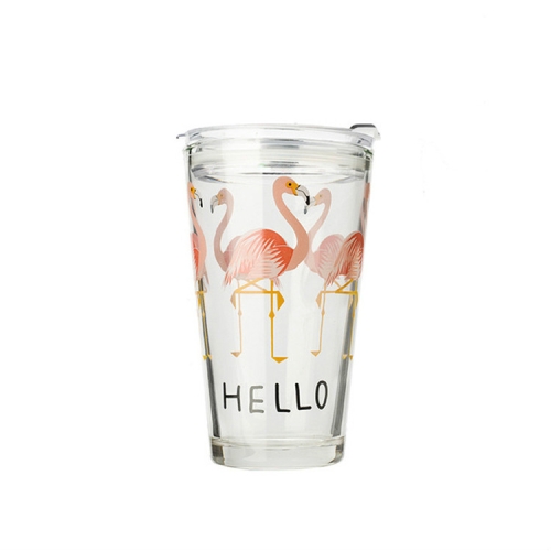 2 PCS Dibujos animados creativos Vaso de agua escalado de doble uso Jugo  Taza de leche Impresión para estudiantes Taza de vidrio engrosada para el  hogar, Estilo: Taza con tapa + Pajita (Flamingo)