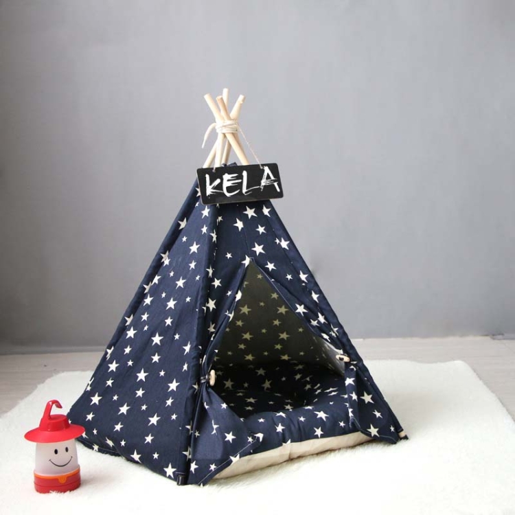 Small And Medium Dog Pet Tent Dog Cat Litter, Specification: Medium  50×50×60cm(Blue Leaves with Cushion)