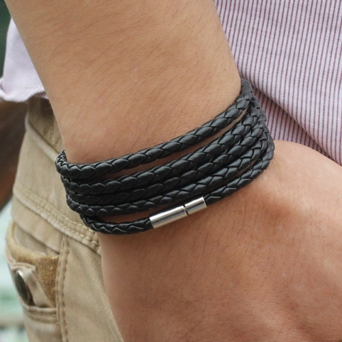 Piel par brazalete pulsera Negro vendimia del encanto de los hombres (Negro)