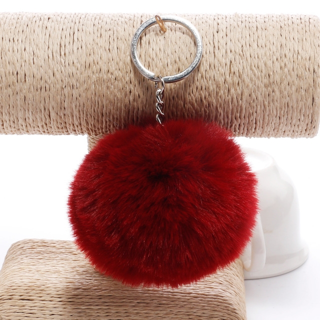 

Simple Key Chain Fur Ball Pompon Keychain Pompom Artificial Rabbit Fur Animal Keychains for Woman Car Bag Key Rings(wine red)
