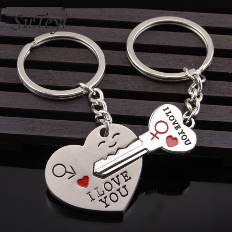 

Fashion Heart Key Ring Silver Color Lovers Love Key Chain Valentine Day Gift 1 Pair Couple Keychain