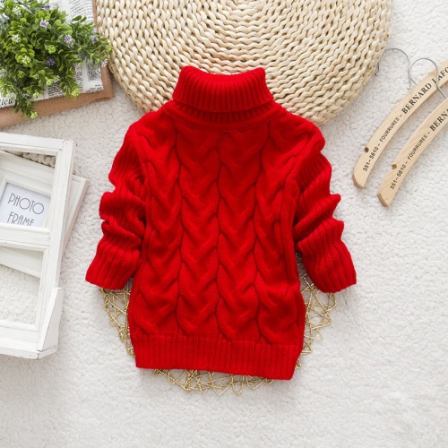 Red Winter Children's Thick Solid Color Knit Bottoming Turtleneck Pullover Sweater, Height:24Size（140cm）
