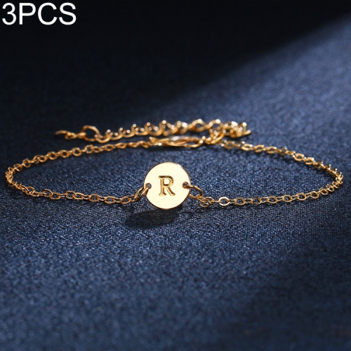 3 PCS R Letter Gold Color Bracelet and Bangle for Woman Adjustable Simple  Bracelets