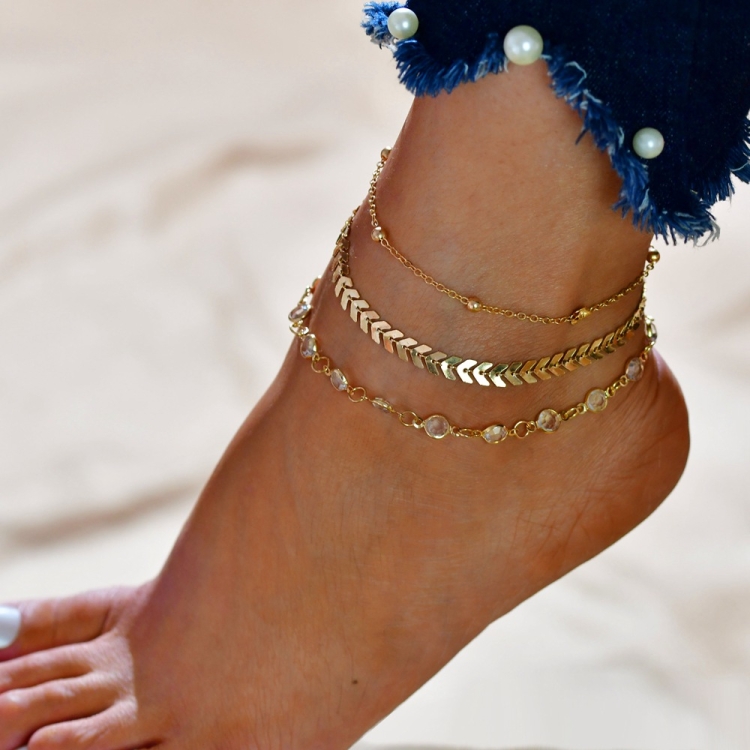 

3 Sets Antique Plated Handmade Anklet Bracelet Crystal Anklet Set(Gold)