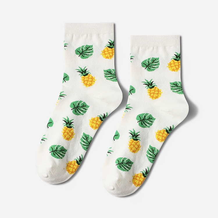 

Tropical Fruit Pattern Personality Trend Tube Ladies Cotton Socks(White pineapple)