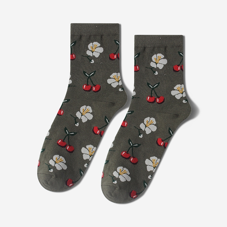 

Tropical Fruit Pattern Personality Trend Tube Ladies Cotton Socks(Dark green cherry)