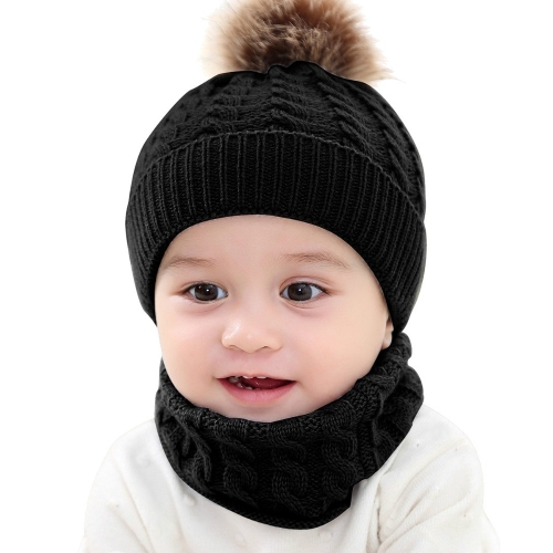 針織保暖圓頭帽保護耳罩寶寶冬季帽子+圍巾套裝（黑色）