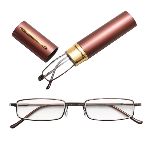 

Reading Glasses Metal Spring Foot Portable Presbyopic Glasses with Tube Case +1.50D(Brown)