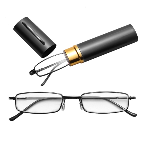 

Reading Glasses Metal Spring Foot Portable Presbyopic Glasses with Tube Case +2.00D(Black)